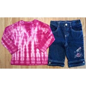 Girl's Size 2T Two Piece Pink Tie Dye Lands' End LS Top & XOXO Denim Capri Jeans